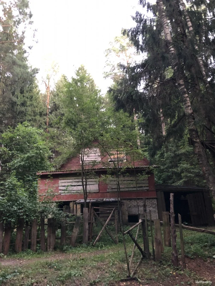 Деревянный дом с красной крышей за забором в декорациях деревни
